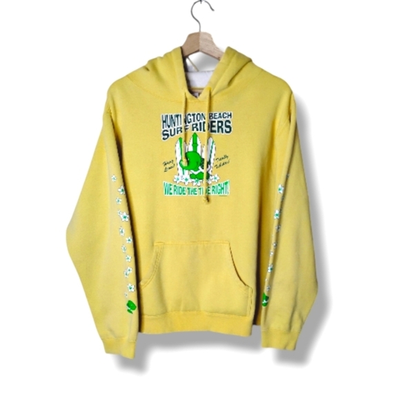 Vintage Y2K PacSun Tilt Frog Turtle Surf Hoodie L Yellow Huntington Beach Skate - Picture 1 of 10